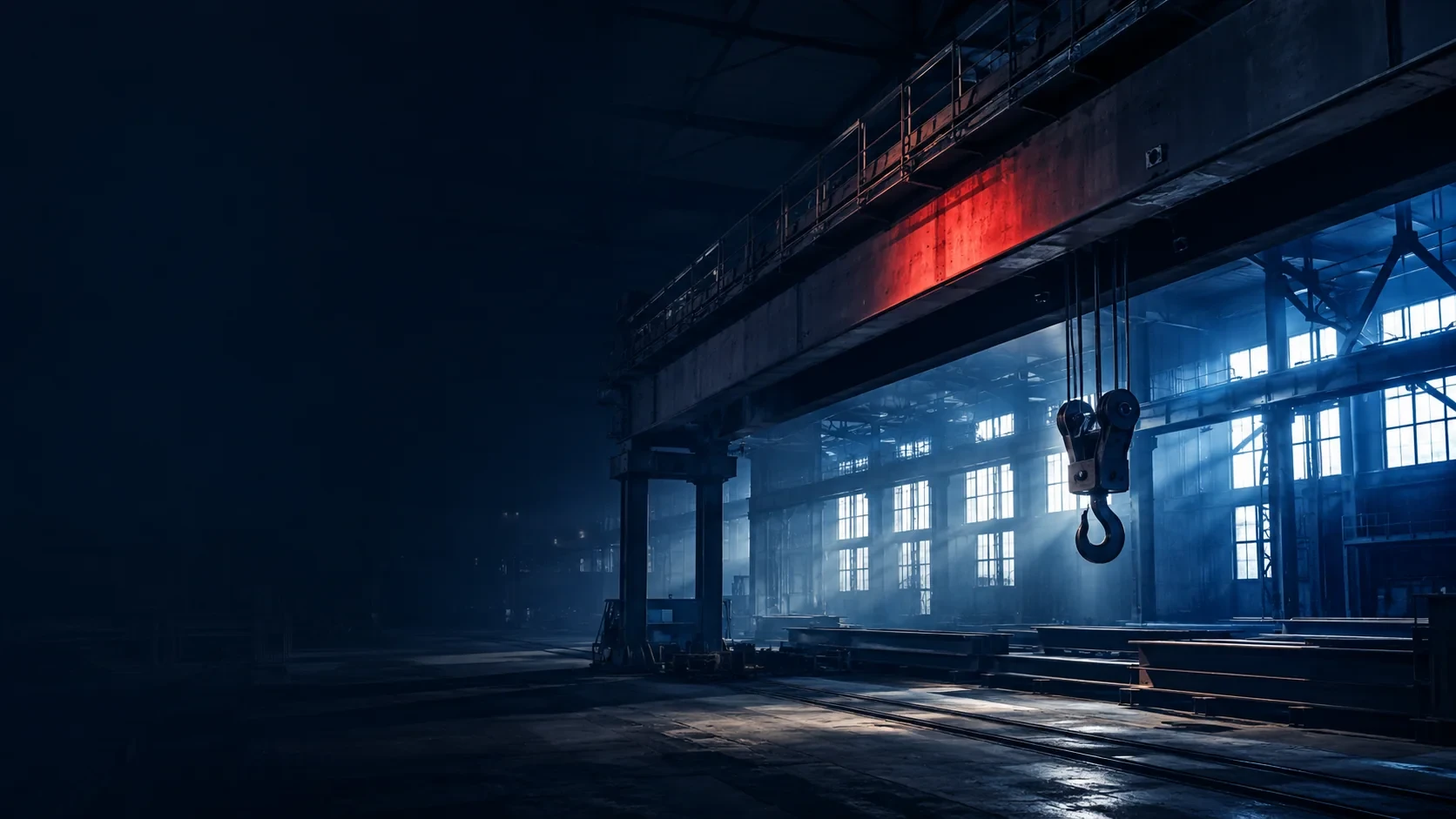 Stimmungsvolle Werkshalle mit Brückenkran im Abendlicht